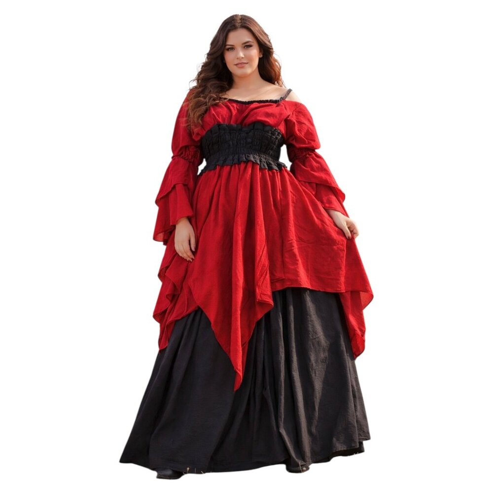 Women’s Red & Black Gothic Layered Long Sleeve Midi Dress, L/XL
